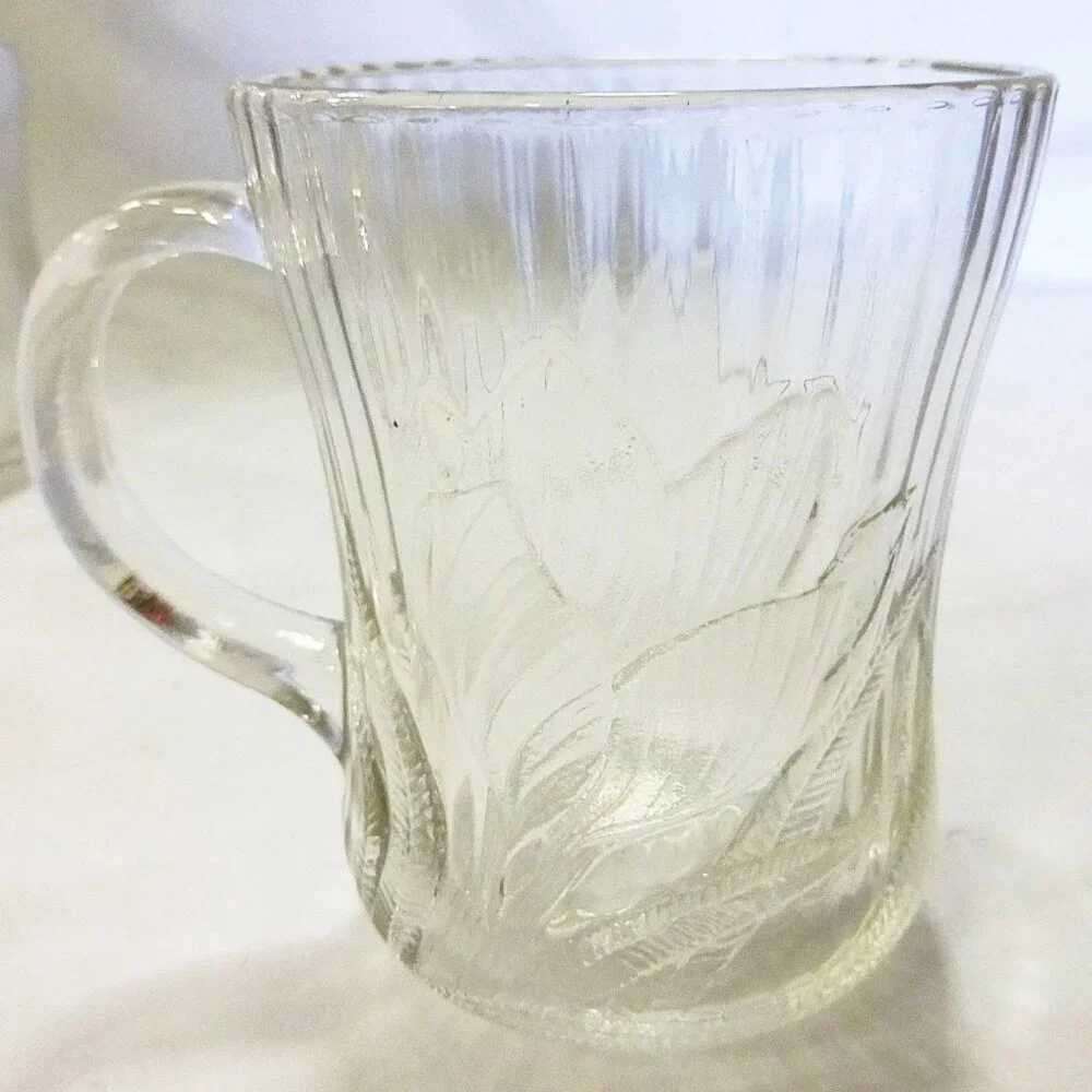 Vtg Arcoroc Canterbury crocus mug‎ clear glass coffee cup ribbed France set of 5